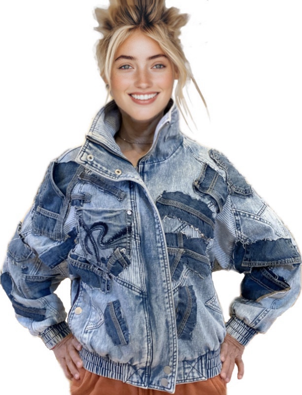 Artistic denim jacket with patches